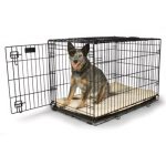 Metal dog crate with dog in it